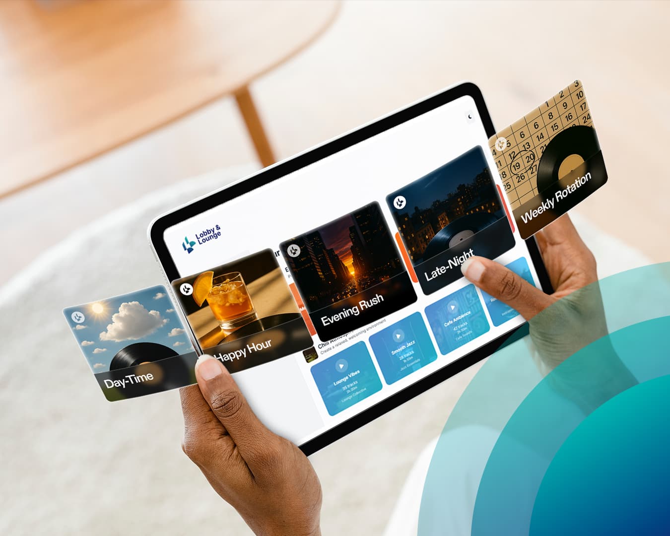 The Lobby & Lounge playlist library open on a tablet