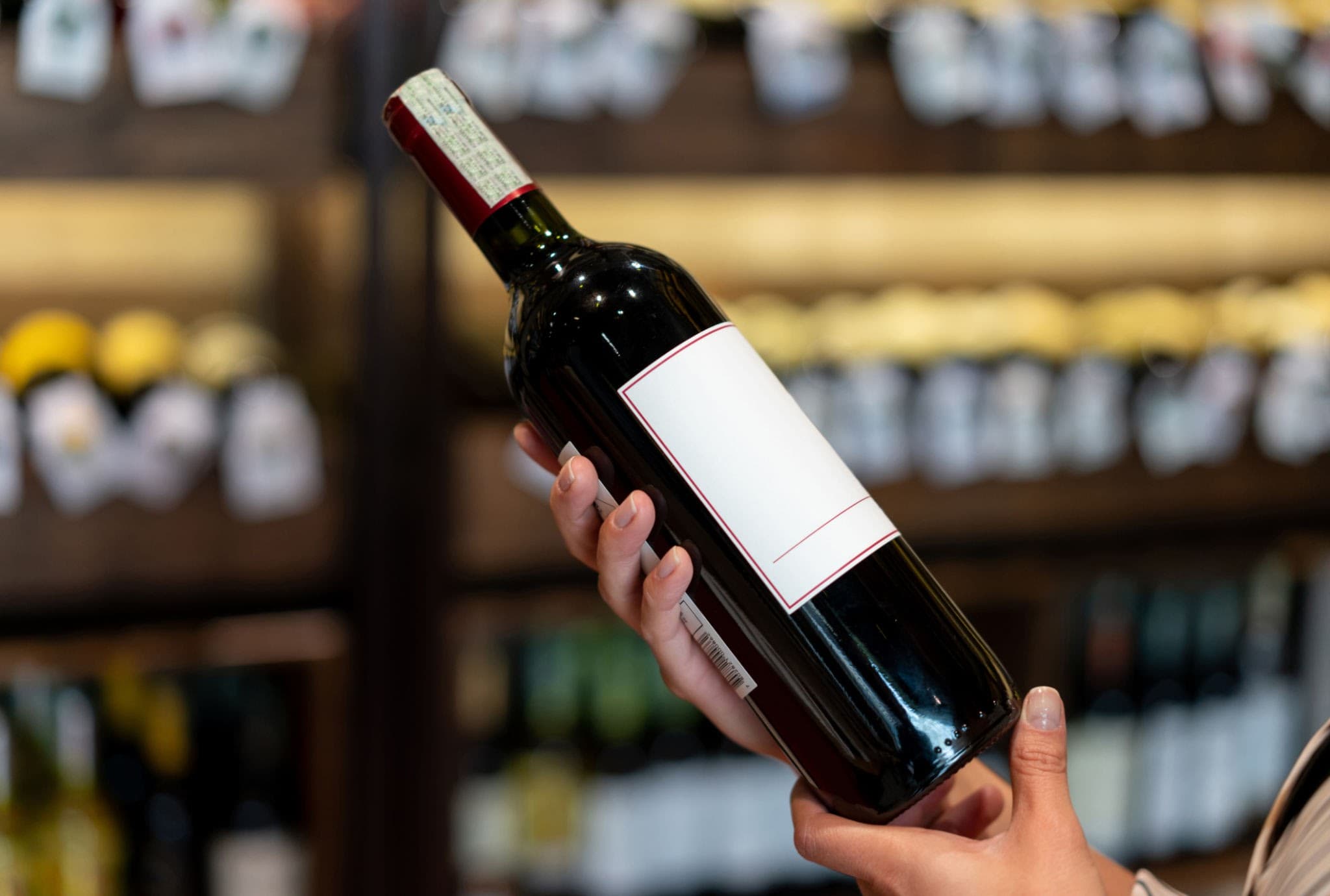 A hand holding a bottle of red wine in front of a wine shelf