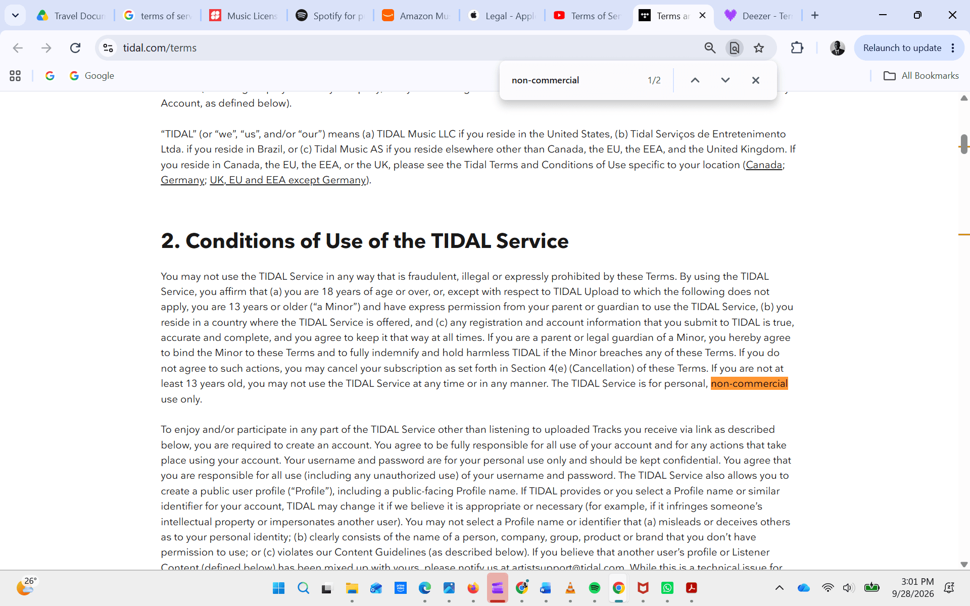 Screenshot of the TIDAL Terms and Conditions of Use