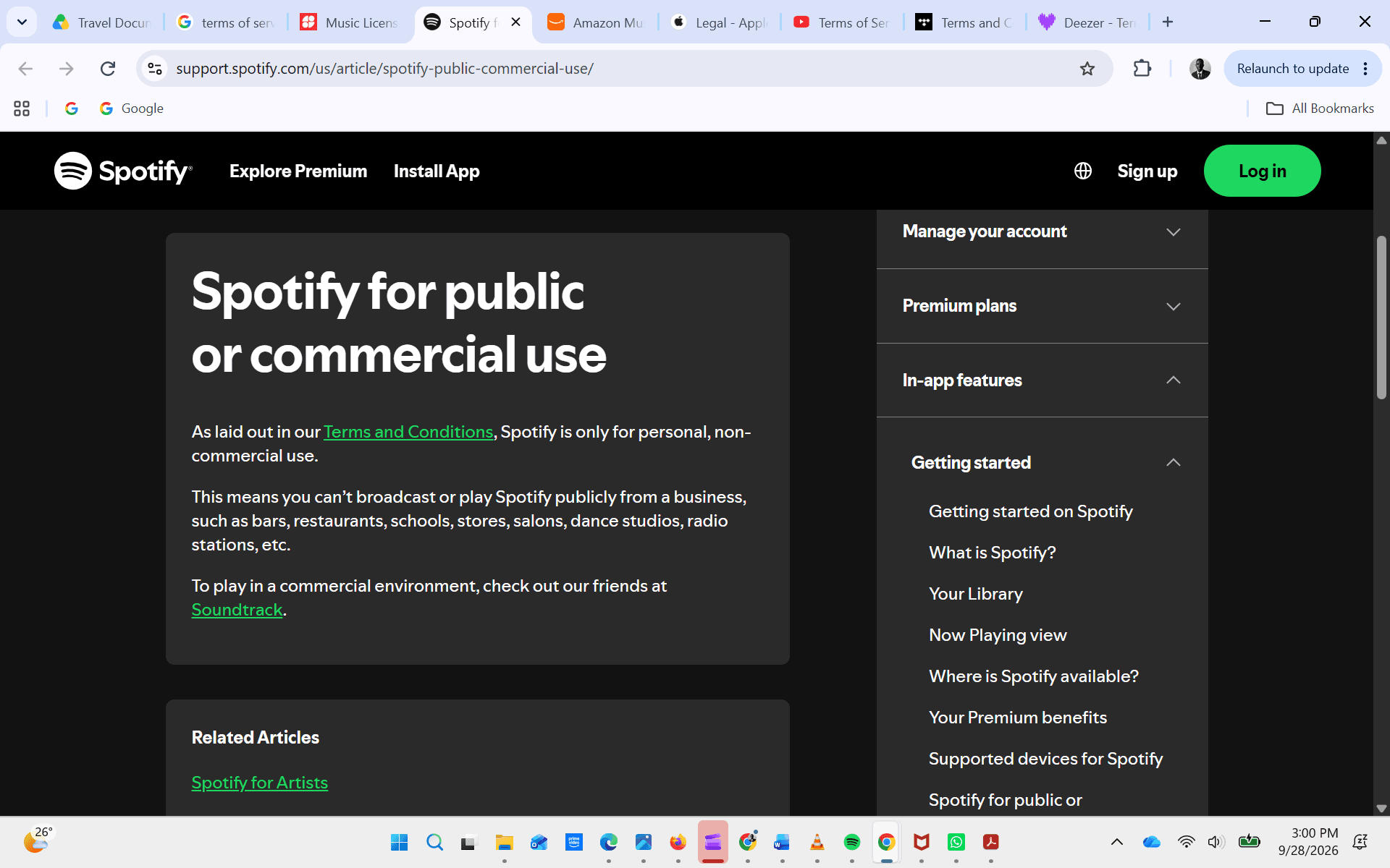 Screenshot of Spotify’s page on public or commercial use