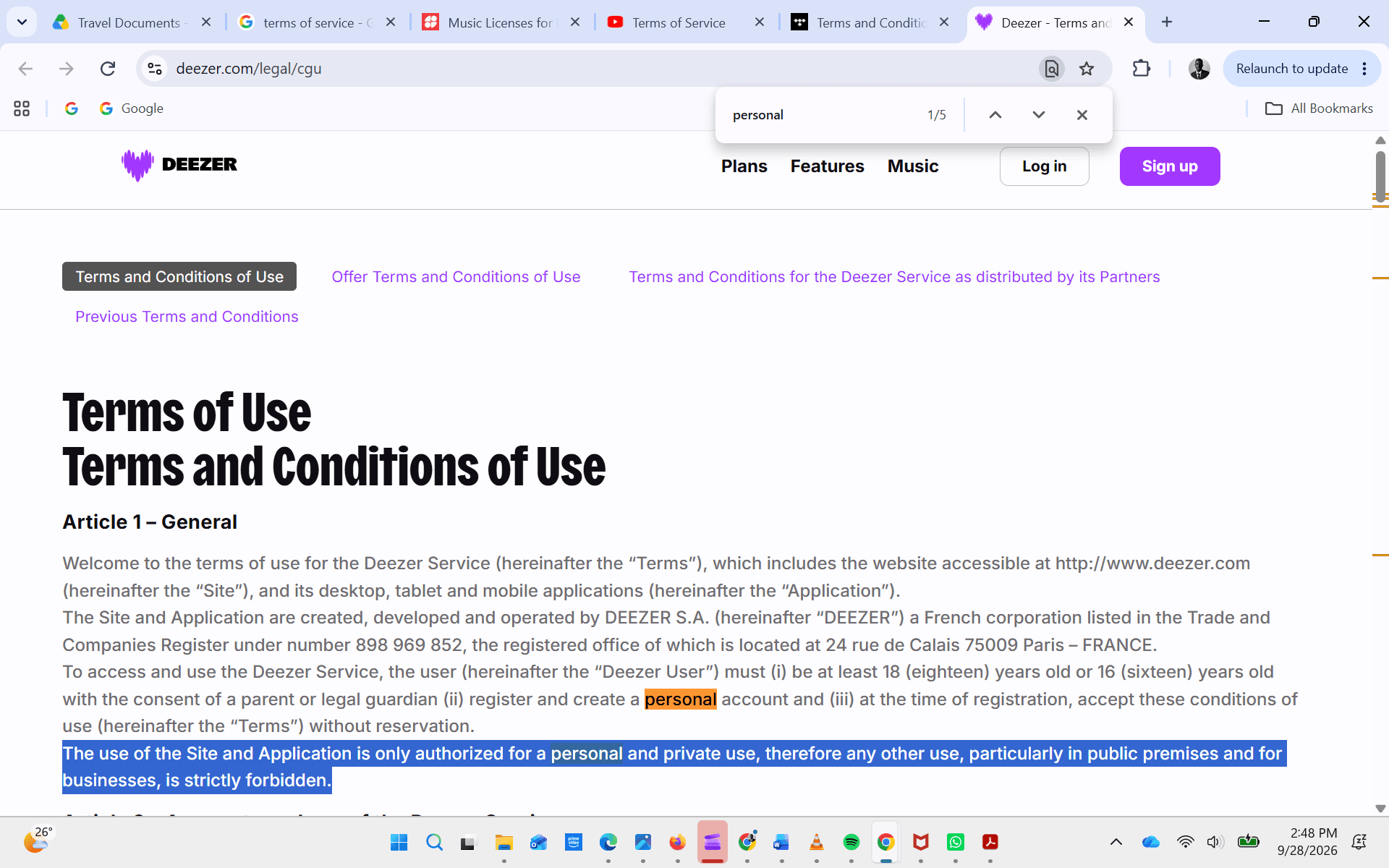 Screenshot of the Deezer Terms and Conditions of Use