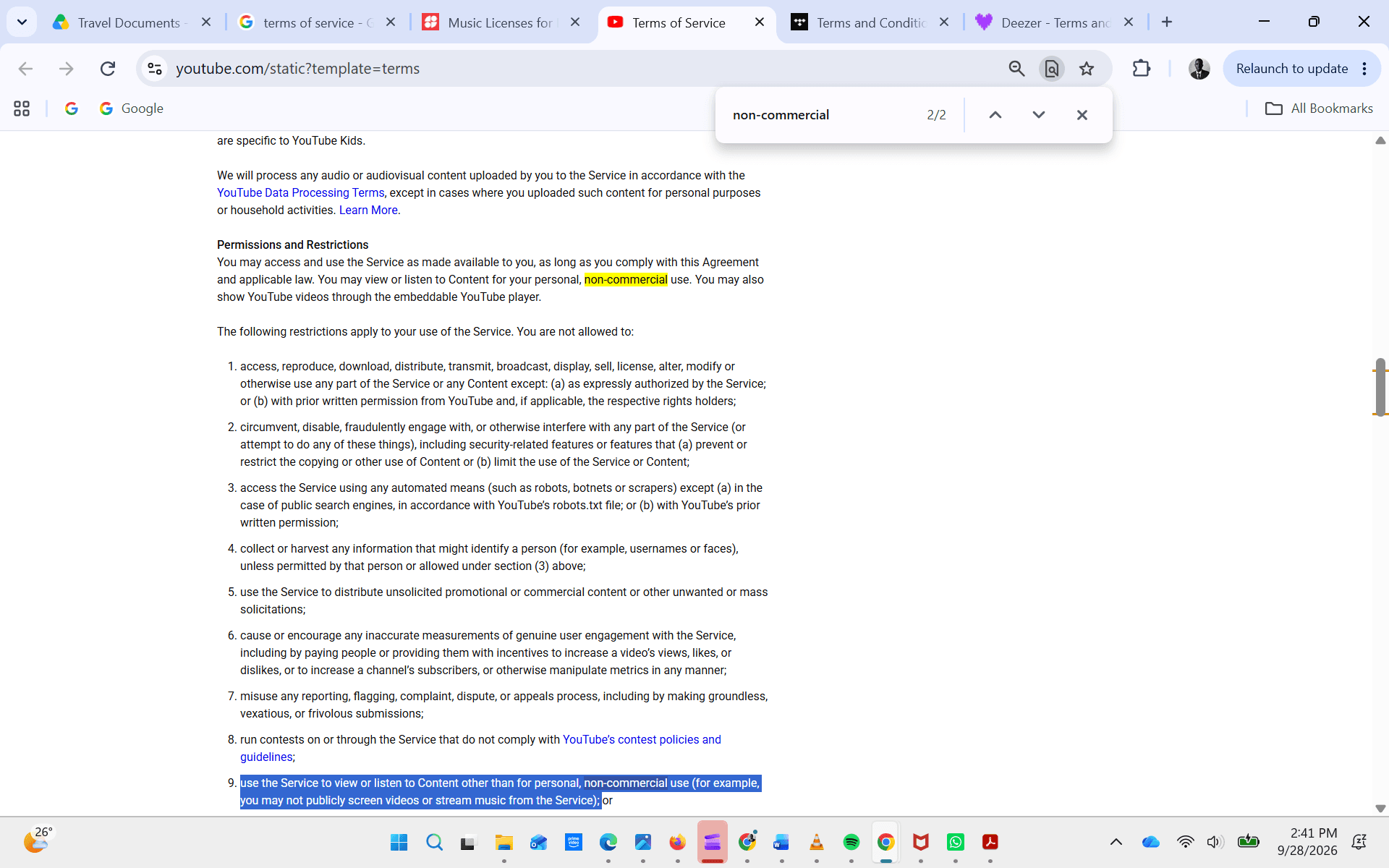 Screenshot of the YouTube Terms of Service
