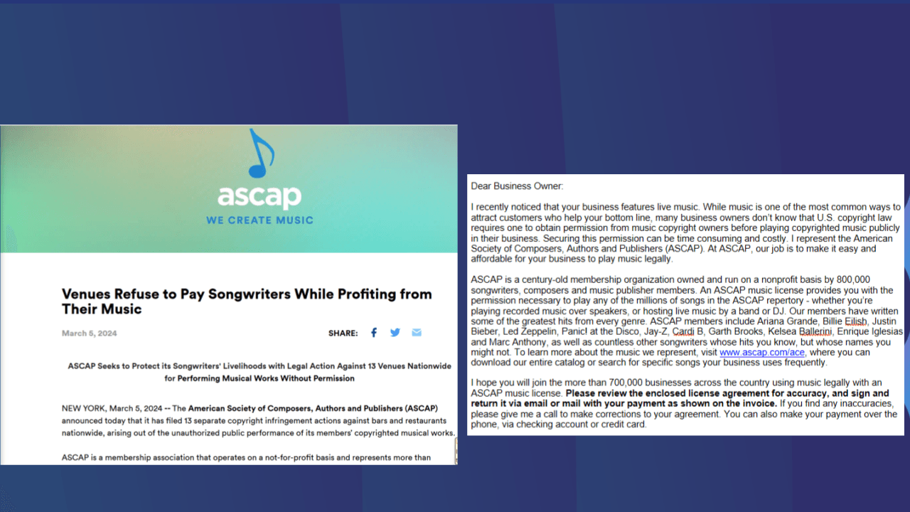ASCAP press release: venues refuse to pay songwriters while profiting from their music