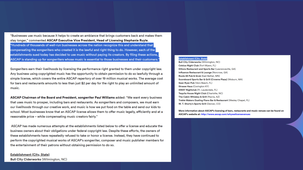 Excerpt from an ASCAP press release listing establishments sued for unlicensed music